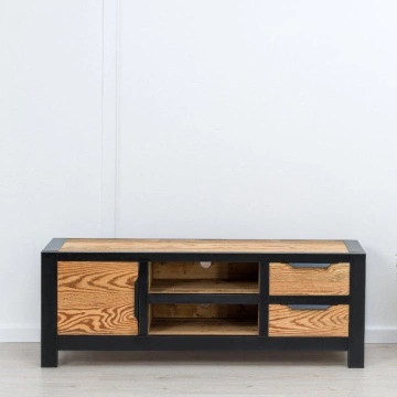 Comoda TV lemn masiv dormitor Rustic Loft 1 usa, 2 sertare si nisa, 140 x 40 x 50 cm - Img 3