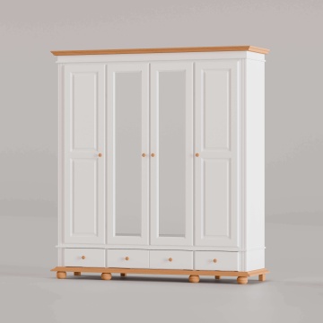 Dulap dormitor Sara, lemn masiv, 4 usi, 197 x 58 x 201 cm, alb unt + miere - Img 1