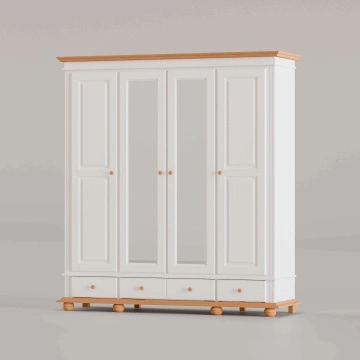 Dulap dormitor Sara, lemn masiv, 4 usi, 197 x 58 x 201 cm, alb unt + miere