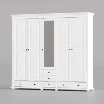 Dulap Elena 5 usi si 5 sertare lemn masiv alb unt, 243 × 60 × 220 cm
