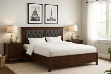 Pat cu tapiterie gri Nocce, Lemn masiv, maro colonial, 90 cm, 140 cm, 160 cm sau 180 x 200 cm