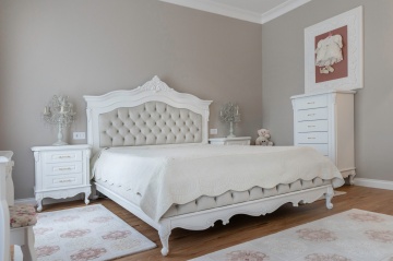 Pat tapitat Josephine Classic Stil lemn masiv vopsit alb, 160 x 200 cm