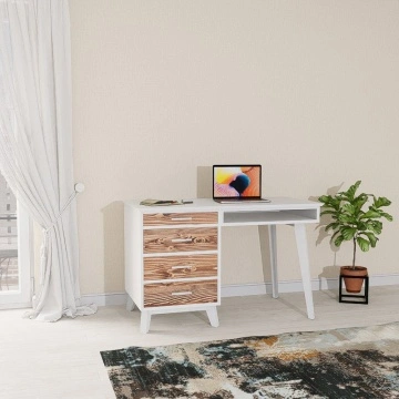 Birou Terra Home cu 4 sertare, lemn masiv si mdf alb, 120 x 60 x 76 cm