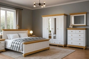 Comoda dormitor Teodora cu 5 sertare, lemn masiv, 114 x 45 x 92 cm, alb unt/miere - Img 2