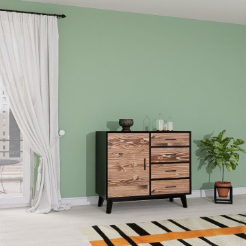 Comoda Terra Home 1 usa si 4 sertare, lemn masiv si mdf negru, 98 x 45 x 85 cm - Img 1
