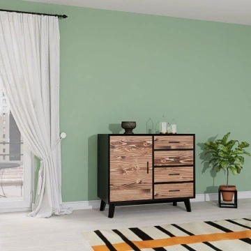 Comoda Terra Home 1 usa si 4 sertare, lemn masiv si mdf negru, 98 x 45 x 85 cm