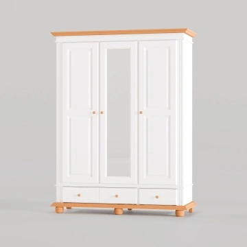 Dulap dormitor Sara, lemn masiv, 3 usi, 153.6 x 58 x 201 cm, alb unt + miere
