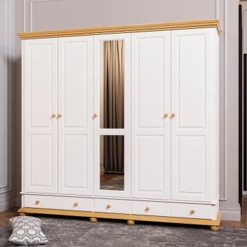 Dulap Teodora 5 usi si 3 sertare, lemn masiv, 258.8 x 62 x 240 cm, alb unt/miere