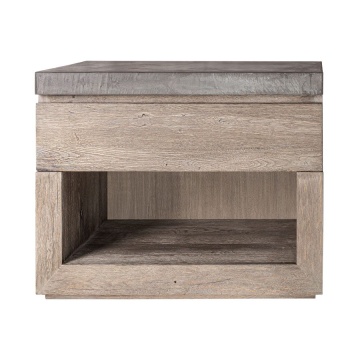 Noptiera dormitor Alaska cu 1 sertar, lemn masiv stejar + microciment, 66 x 50 x 61 cm - Img 1