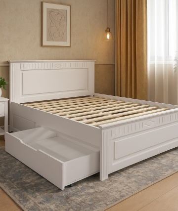 Pat cu sertar dormitor Noblesse, Lemn masiv alb, 140 cm, 160 cm sau 180 x 200 cm - Img 1