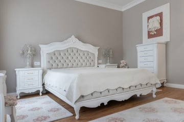 Pat dormitor Josephine Classic Stil lemn masiv vopsit alb, 180 x 200 cm - Img 1