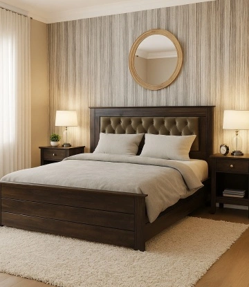 Pat tapitat maro taupe cu sertar Nocce, Lemn masiv, maro colonial, 140 cm, 160 cm sau 180 x 200 cm
