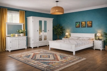 Set dormitor Sara lemn masiv, 3 piese, dulap cu 4 usi, finisaj alb unt