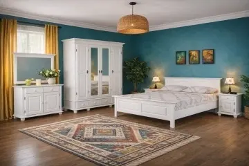 Set dormitor Sara lemn masiv, 3 piese, dulap cu 4 usi, finisaj alb unt