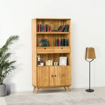 Biblioteca cu 2 usi 2 sertare Sahara, Lemn masiv periat, 100 x 40 x 200 cm