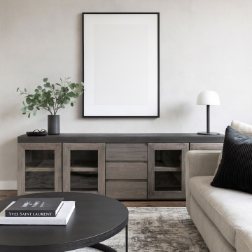 Bufet cu vitrina Alaska, 3 sertare si 4 usi, lemn masiv stejar + microciment, 254 x 46 x 71 cm - Img 6