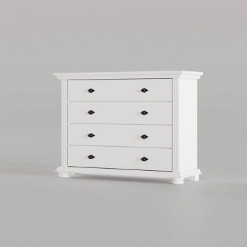 Comoda Elena 4 sertare lemn masiv alb unt, 110 × 45 × 91 cm