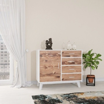 Comoda Terra Home 1 usa si 4 sertare, lemn masiv si mdf alb, 98 x 45 x 85 cm