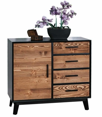 Comoda Terra Home 1 usa si 4 sertare, lemn masiv si mdf negru, 98 x 45 x 85 cm - Img 2