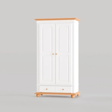 Dulap dormitor Sara, lemn masiv, 2 usi, 110 x 58 x 201 cm, alb unt + miere