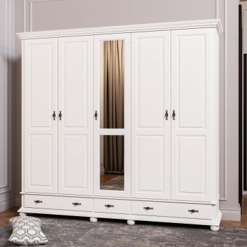 Dulap Teodora 5 usi si 3 sertare lemn masiv, 258.8 x 62 x 240 cm, alb unt