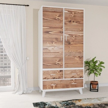 Dulap Terra Home cu 2 usi si 3 sertare, lemn masiv si mdf alb, 100 x 55 x 200 cm