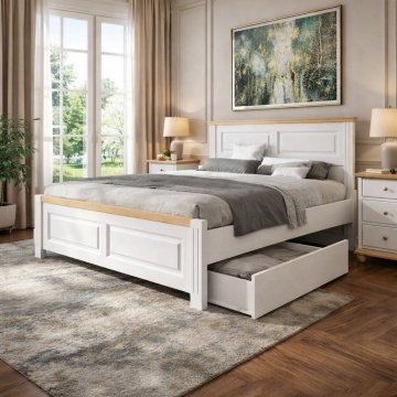 Pat Sara Prime cu sertar lemn masiv alb unt-miere, 90, 120, 140, 160, 180 sau 200 x 200 cm