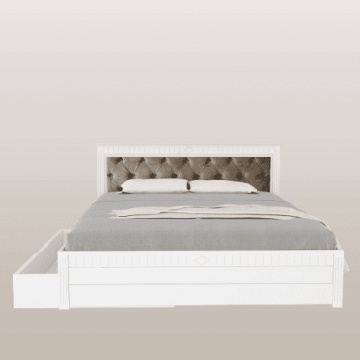 Pat tapitat maro taupe cu sertar Noblesse, Lemn masiv alb, 140 cm, 160 cm sau 180 x 200 cm - Img 2