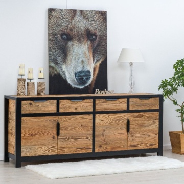 Bufet Lemn Masiv Rustic Loft cu 4 usi si 4 sertare, 220 x 50 x 90 cm - Img 1