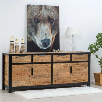 Bufet Lemn Masiv Rustic Loft cu 4 usi si 4 sertare, 220 x 50 x 90 cm