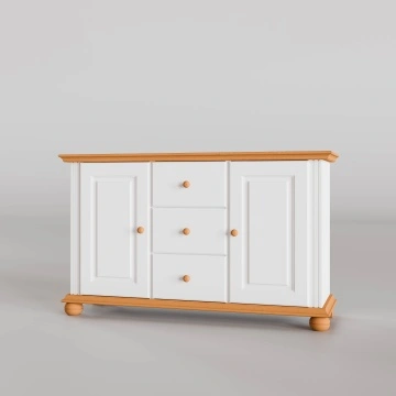 Comoda Sara, lemn masiv, 2 usi si 3 sertare, 144.3 x 45 x 86.5 cm, alb unt + miere