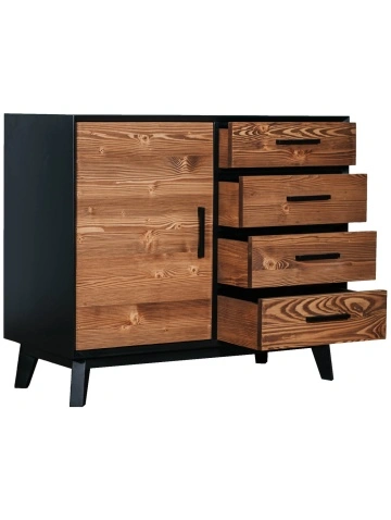 Comoda Terra Home 1 usa si 4 sertare, lemn masiv si mdf negru, 98 x 45 x 85 cm - Img 3