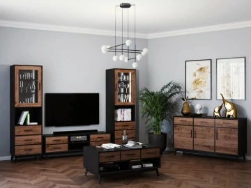 Comoda Terra Home, 2 usi si 2 sertare, lemn masiv si mdf negru, 138 x 38 x 80 cm - Img 4