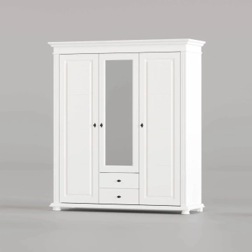 Dulap Elena 3 usi, oglinda si 2 sertare lemn masiv alb unt, 154 × 58 × 200 cm