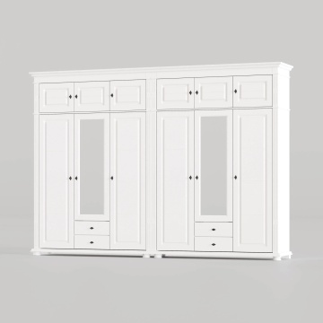 Dulap Elena 6 usi, 4 sertare si suprapozabil lemn masiv alb unt, 298.8 × 58 × 240 cm