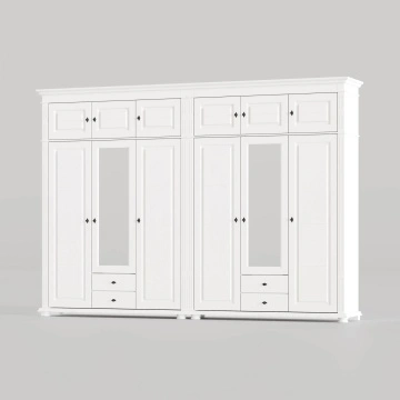 Dulap Elena 6 usi, 4 sertare si suprapozabil lemn masiv alb unt, 298.8 × 58 × 240 cm