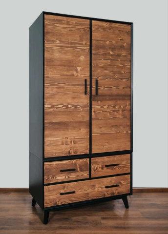 Dulap Terra Home cu 2 usi si 3 sertare, lemn masiv si mdf negru, 100 x 55 x 200 cm - Img 3