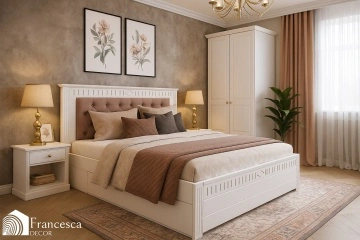 Pat tapitat maro taupe cu sertar Noblesse, Lemn masiv alb, 140 cm, 160 cm sau 180 x 200 cm