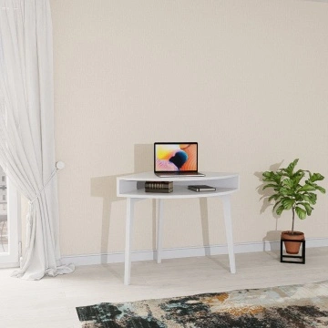 Birou de colt, masuta colt Terra Home, lemn masiv si mdf alb, 70 x 70 x 76 cm