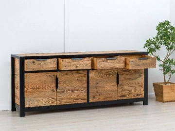Bufet Lemn Masiv Rustic Loft cu 4 usi si 4 sertare, 220 x 50 x 90 cm - Img 2