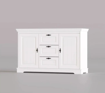 Comoda Isabella lemn masiv alb unt, 2 usi si 3 sertare, 150 x 45 x 90 cm