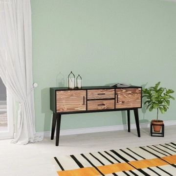 Comoda Terra Home, 2 usi si 2 sertare, lemn masiv si mdf negru, 138 x 38 x 80 cm