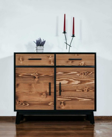 Comoda Terra Home 2 usi si 2 sertare, lemn masiv si mdf negru, 98 x 45 x 85 cm - Img 3