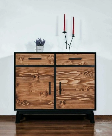 Comoda Terra Home 2 usi si 2 sertare, lemn masiv si mdf negru, 98 x 45 x 85 cm - Img 3