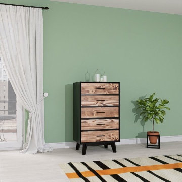 Comoda Terra Home cu 5 sertare, lemn masiv si mdf negru, 60 x 40 x 100 cm - Img 1