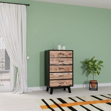 Comoda Terra Home cu 5 sertare, lemn masiv si mdf negru, 60 x 40 x 100 cm