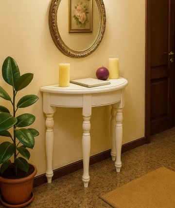 Consola Casa Maria semiluna, 1 sertar, lemn masiv, alb cu patina, 82 x 32 x 75 cm - Img 3