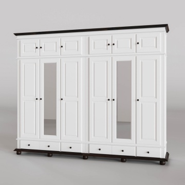 Dulap inalt Sara 6 + 6 usi si 4 sertare lemn masiv, 296 x 58 x 241 cm, alb unt + nuc