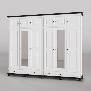 Dulap inalt Sara 6 + 6 usi si 4 sertare lemn masiv, 296 x 58 x 241 cm, alb unt + nuc