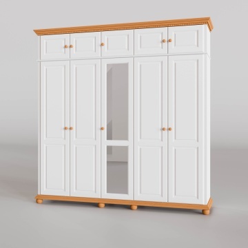 Dulap Teodora 5 usi si suprapozabil lemn masiv, 258.8 x 62 x 260 cm, alb unt/miere